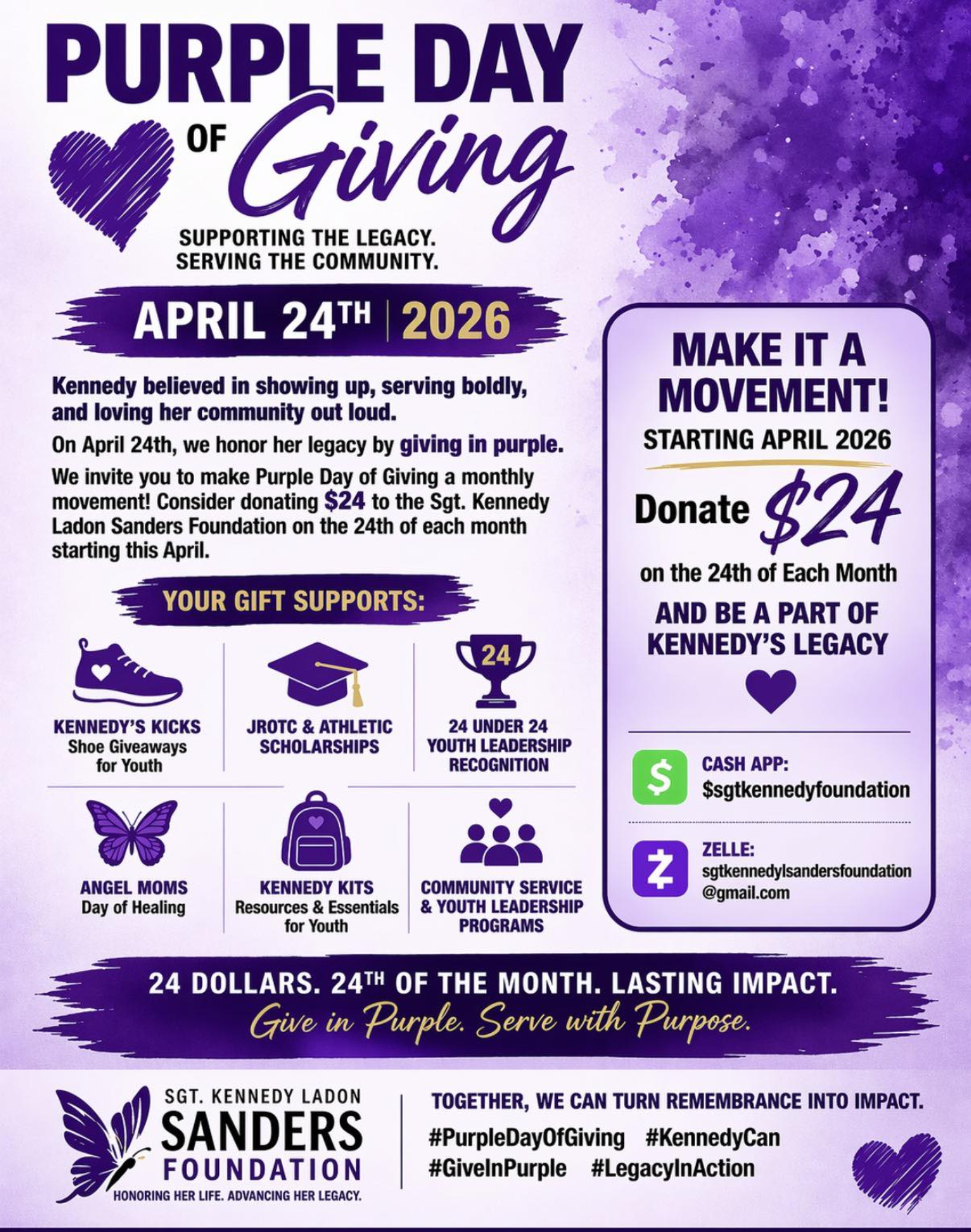 Purple Day of Giving flyer for the Sgt. Kennedy Ladon Sanders Foundation